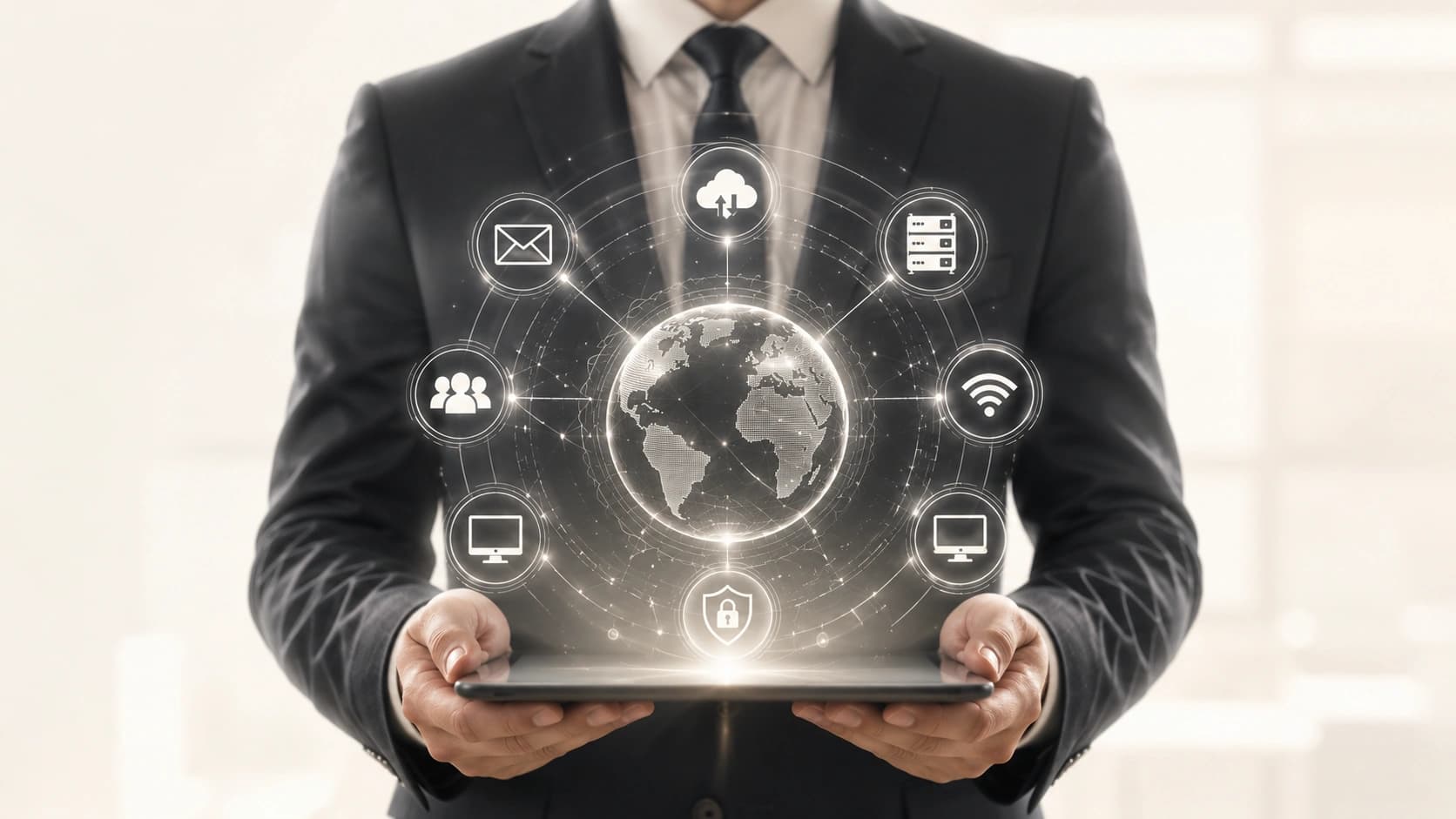 Illustration of connected cloud, server, network, security, and office systems