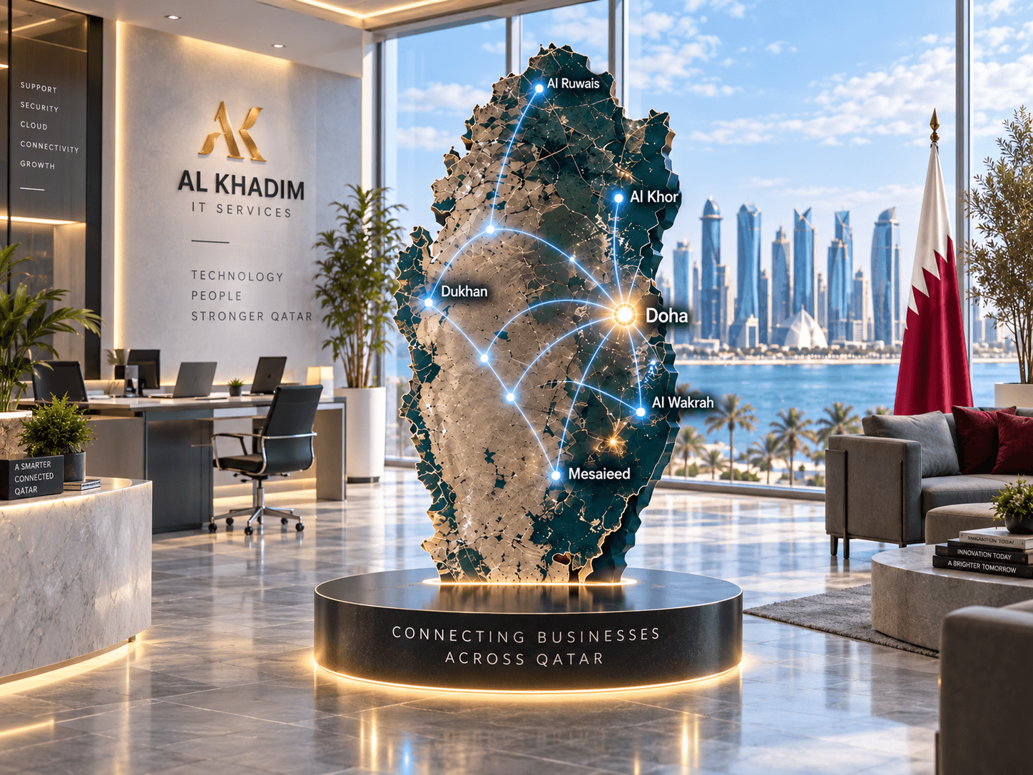 AL KHADIM IT SERVICES office interior with a glowing Qatar connectivity map and labeled Qatari locations on a pedestal